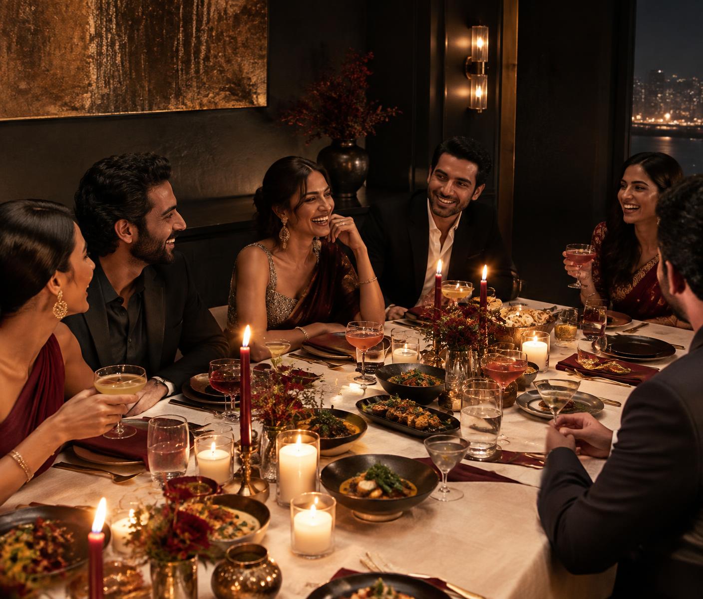 Friends gathering over dinner at VĀRA